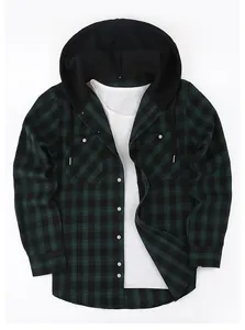 Detailed view of green and black plaid hooded long sleeve shirt with front buttons