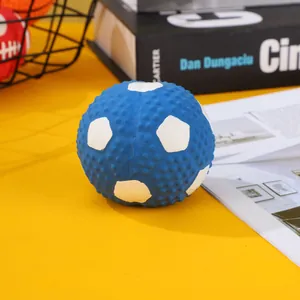 Blue latex soccer-style squeaky dog toy ball with a textured surface for active play.