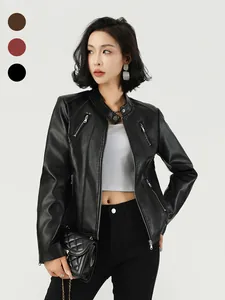 Giacca da Donna in Ecopelle Slim Fit Collo in Piedi Cerniera in Metallo Moto Biker Ricamata Tinta Unita Manica Lunga