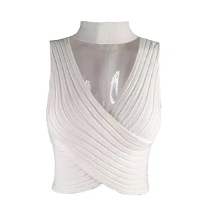 Close-up of white ribbed knit crop top featuring crossover V-neck and mock neck design