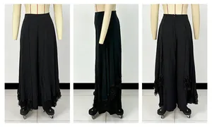 Detailed multiple views of black wide-leg trousers with elegant fringe hem decoration.
