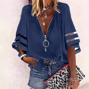 Camicetta da Donna con Scollo a V e Cerniera in Chiffon Patchwork in Rete Mezza Manica a Campana Top Ampio Casual Poliestere Abbigliamento