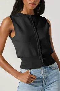 Detail of a black sleeveless knitted vest featuring front buttons and a ribbed hem.