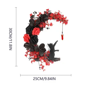Ghirlanda luna Halloween con gatto nero e rose rosse, dimensione altezza 30cm