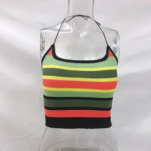 Vibrant colorful striped halter neck cropped tank top in ribbed knit shown on mannequin