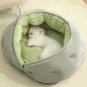 Cuccia rotonda semi-chiusa per animali domestici in grigio e verde per gatti e cani