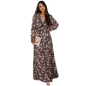 Elegant floral long-sleeved maxi dress with deep V-neck and ruffled hem for women