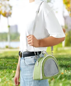 Portable green polka dot pet carrier for hamsters being carried outdoors in a park