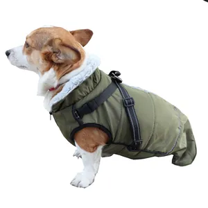 Detailed side view of a Corgi wearing an olive green waterproof dog winter coat with integrated harness