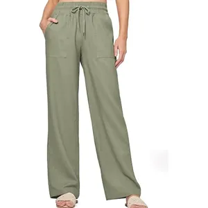 High-waisted olive green wide-leg linen pants with drawstring and patch pockets