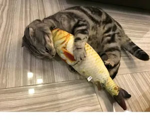 Realistic plush fish toy with catnip being hugged by a tabby cat on a wooden floor