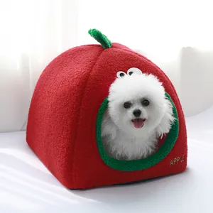 Cama cerrada para mascotas con forma de manzana roja para gatos y perros pequeños