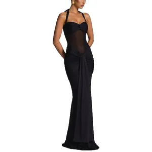 Élégante robe longue noire dos nu avec fronces et empiècement en mesh transparent