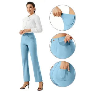 Detailed views of light blue women's straight leg pants showing pockets and elastic waist