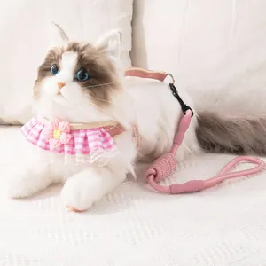 Cute pink plaid pet harness with lace trim and crochet flower for cats and small dogs