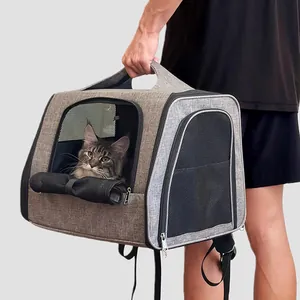 Mochila de transporte gris para gatos con malla transpirable y gran capacidad
