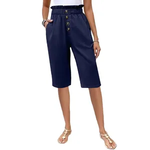 High-waisted navy blue casual cotton linen shorts for women with decorative buttons
