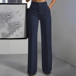 Elegant high-waisted navy blue wide-leg suit trousers for women with pleated detail