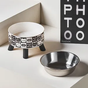 Comedero elevado de acero inoxidable con soporte de patrón de gato para gatos y perros