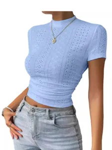 Elegant light blue short sleeve knit top with mock neck and ruched side details