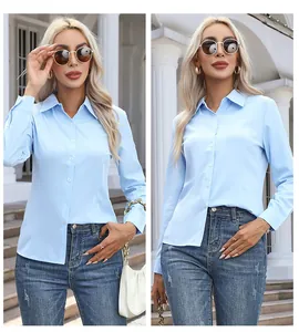 Front view of stylish light blue long-sleeve button-down casual shirt for women