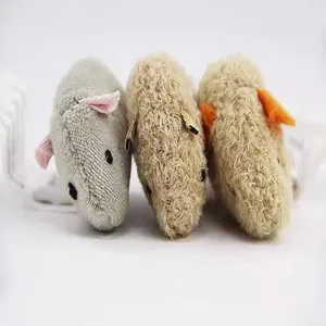 Detail view of three soft plush mouse cat toys in grey and beige colors with cute ears