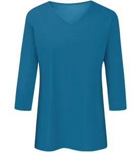 Detailed view of women's casual teal V-neck T-shirt with 3/4 sleeves and clean finish