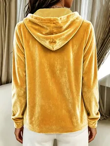 Back view of a premium gold velvet hooded sweatshirt featuring a soft glossy texture