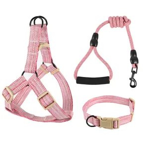 High-quality detailed view of the pink woven dog harness, leash, and collar set