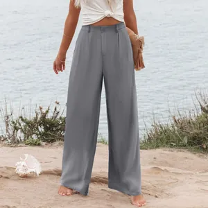 Pantaloni casual grigi a vita alta a gamba dritta per donna, stile spiaggia estiva