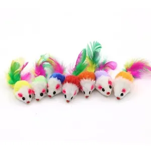 Set of colorful feather tail plush mouse toys for cats presented on a white background