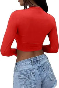 Slim fit red long sleeve crop top with round neck showing back view detail for women