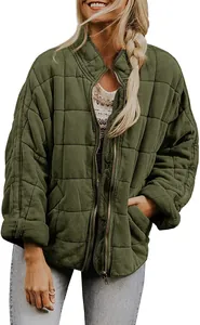 Detailed view of olive green quilted jacket for women with stand collar and zipper