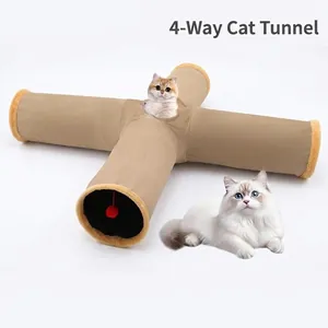 Foldable 4-Way Suede Cat Tunnel Toy For Indoor Cats With Hanging Ball Crinkle Pet Tube For Playing Hiding Kitten Tunnel