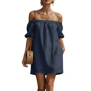 Detail view of navy blue cotton linen off-the-shoulder loose summer dress