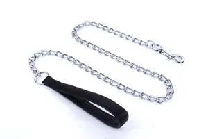Detail view of heavy duty metal chain dog leash with comfortable black foam handle