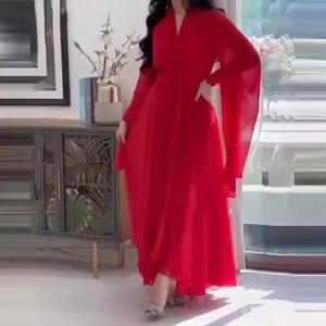 Vibrant red two-piece jumpsuit set featuring elegant long shawl sleeves for summer