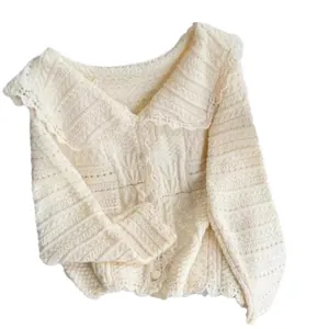 Sweet cream knit cardigan sweater featuring a doll collar and elegant scalloped lace edges