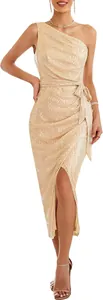 Elegant champagne gold one-shoulder sequin wrap dress with high slit for parties