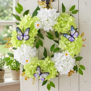 Couronne d'hortensias printanière avec papillons réalistes pour décor de porte d'entrée