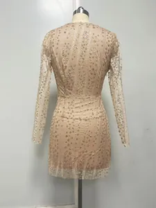 Detailed back view of a long sleeve sheer beige dress with gold glitter patterns