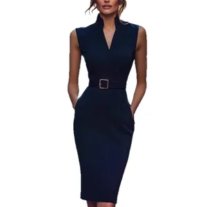 Elegant sleeveless navy blue midi dress with V-neck, high collar and golden waist belt