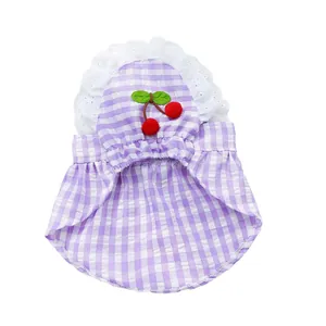 Purple checkered summer pet dress with lace trim and cherry applique detail