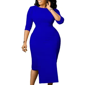 Detail of royal blue bodycon office dress featuring round neck and 3/4 sleeves