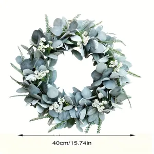 Vista detallada de corona de eucalipto artificial con flores blancas y medidas reales