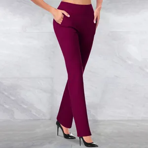 Premium burgundy high-waisted yoga pants featuring tummy control and side pockets detail