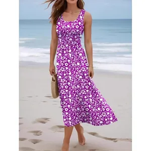 Elegantes lila geblümtes ärmelloses Strandmaxikleid für Damen für den Sommerurlaub