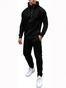 Men's black 2-piece athletic tracksuit set with zip-up hoodie and joggers