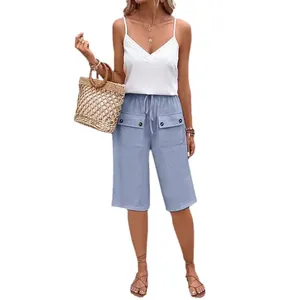 Casual loose women's five-point shorts with front pockets and drawstring waist in light blue