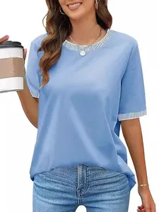 Fashionable blue women's short sleeve T-shirt featuring a striped ribbed crew neck